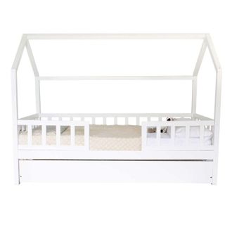 Muemue Cama casita con barandilla + cama de arrastre madera blanco 90x190cm