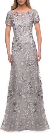 La Femme Satin Ball Gown with Criss Cross Back and Pockets in Silver at Nordstrom, Size 20
