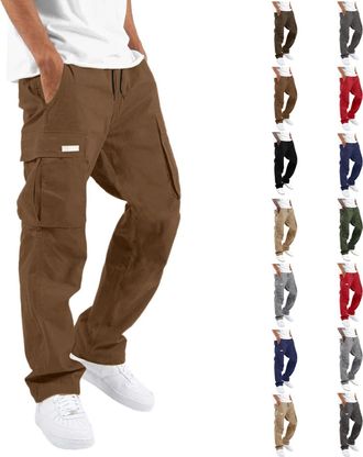 Generic Mens Cargo Trousers Multi Pockets Classic Jogging Bottom Straight Leg Druable Work Trousers Stretchy Drawstring Solid Color Cargo Sweatpants Street Le