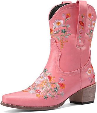 Generic Womens Square Toe PU Leather Mid-Calf Boots Pull on Short Boots with Embroidery Stitched Block Heel Western Boot,Pink,5.5 UK
