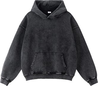 Generic Mens Oversized Hoodies Vintage Long Sleeve Hooded Sweatshirts Loose Fit Casual Solid Color Hoody Pullover Top with Ribbed Cuff Outdoor Workout Sport H