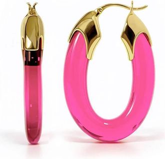 Gold & Honey Womens Carved Oval Lucite Birthstone Hoop Earrings In October - Pink Tourmaline