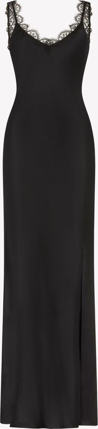 Silk Slip Dress with Lace Trim - Black Silk
