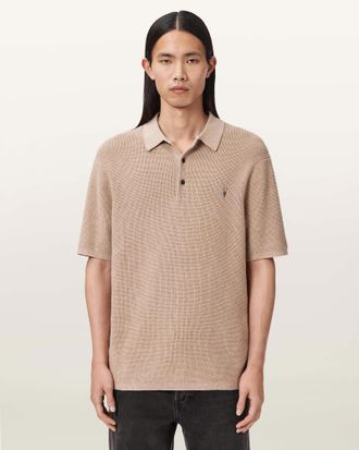 AllSaints Cotton Aspen Waffle Texture Ramskull Polo Shirt, Size: XXL