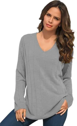 Roaman's Plus Size Drop Needle V Neck Lightweight Sweater Knit in Medium Heather Grey at Nordstrom, Size Large