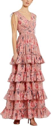 Mac Duggal Drawstring Shoulder Floral Chiffon Tiered Gown