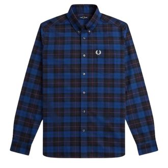 Fred Perry Mens Long Sleeve Navy Blue Tartan Shirt Cotton - Size X-Small