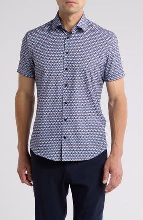 Soul of London Geo Print Performance Short Sleeve Shirt in Blue Multi at Nordstrom Rack, Size X-Large