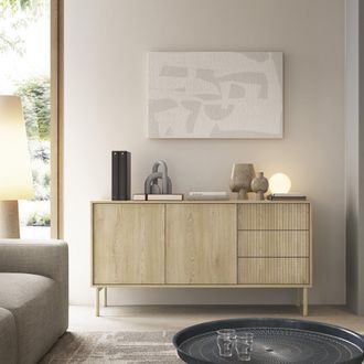 Dmora Aparador Havazami, 3 Cajones, 2 Estantes, Puerta Abatible, Deslizante, 154x40x80h Cm Marr&oacute;n Roble
