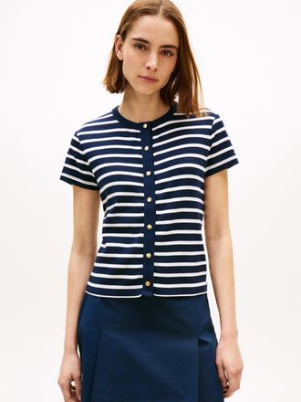 Tommy Hilfiger Kurzarmshirt TOMMY HILFIGER GOLD BUTTON SLIM SS TEE, Damen, Gr. XL (46), breton stripe schwarz night, ecru, Single Jersey, Obermaterial: 100% Baumwoll