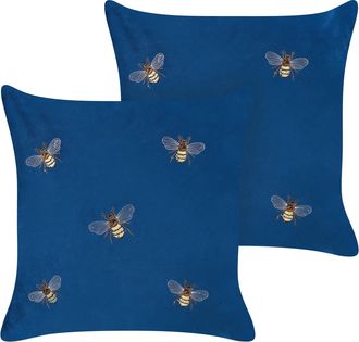 Beliani Conjunto De 2 Cojines Azul Amarillo Marr&oacute;n Blanco 45 X 45 Cm Abejas Talinum
