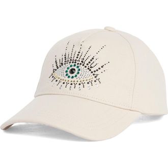 Kurt Geiger Evil Eye Embellished Adjustable Baseball Cap in Bone at Nordstrom Rack