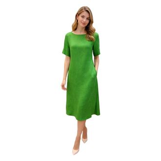 Maliparmi Midi-jurk van linnen met half lange mouwen en zijsplitten - Dames - Casual kleedjes - Groen - S - Linnen - Kleedjes
