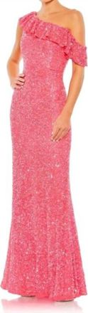 Mac Duggal One-Shoulder Sequined Evening Gown In Watermelon Pink