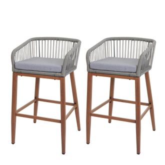 Hhg Hhg - Nunca Usado] Juego De 2 Taburetes De Bar De Cuerda 110, Asiento De Exterior De Cuerda De Metal Con Aspecto De Madera, Gris Claro, Coj&iacute;n Gris Cla