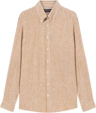 Brooks Brothers Slim Fit Gestreepte Linnen Button Down Overhemd - Heren - Casual Overhemden - Bruin - XL - Linnen - Overhemden