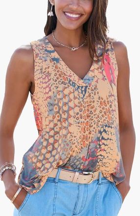 Lascana Womens Printed V-Neck Tank Top in Orange Multi at Nordstrom, Size 6