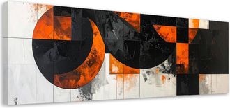 Feeby Cuadro En Lienzo, Abstracci&oacute;n C&iacute;rculos Formas Negro Naranja, 120x40