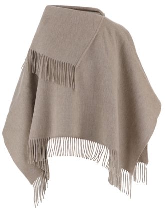 By Malene Birger Wool Poncho with Fringed Edges in Solid Beige