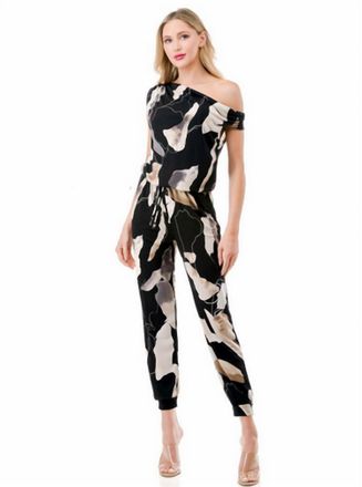 Ariella Off Shoulder Jumpsuit In Black/tan/ivory