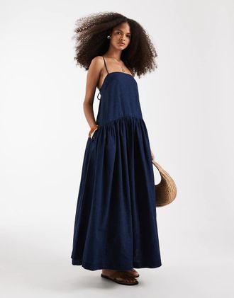 Asos Vestito grembiule midi in denim lavaggio inchiostro con tasche laterali-Blu