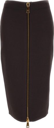 Elisabetta Franchi Brown Gold-Zip Compact Knit Midi Pencil Skirt