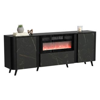 Dmora Aparador Briano, Aparador De Sal&oacute;n Con Dos Puertas Batientes, Puerta Abatible Y Chimenea El&eacute;ctrica, Elevado Del Suelo, 191x40 H69 Cm, M&aacute;rmol Y Negro