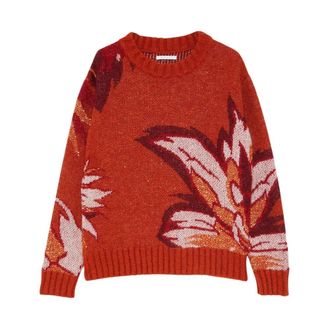 Patrizia Pepe Bloemen Jacquard Paillet Top - Dames - Ronde hals truien - Rood - M - Polyester - Truien & Vesten