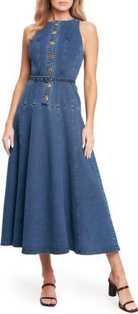 Flying Tomato Belted Denim Midi Dress in Medium Indigo at Nordstrom, Size Large