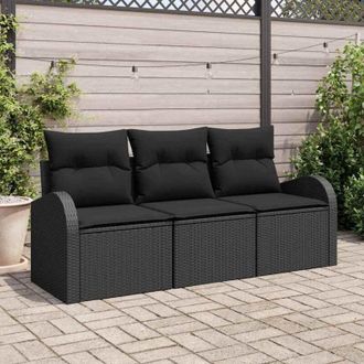 vidaXL Conjunto De Sof&aacute; De Jard&iacute;n Con Coj&iacute;n 3 Pcs Negro Polirat&aacute;n Vidaxl