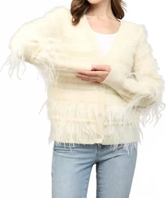 Fate Feather Trim Wool Blend Cardigan In Beige