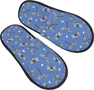 Generic Slippers Bee Dragonfly Blue Warm Hotel Slippers Furry Indoor Shoes For Home Guest Room Men M