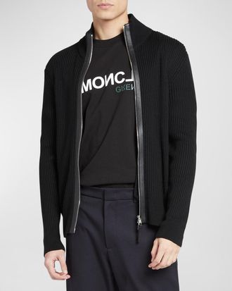 Moncler Mens Ribbed Cardigan with Leather Trim