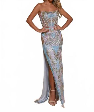 Rachel Allan Fringe Slit Strapless Corset Dress In Powder Blue
