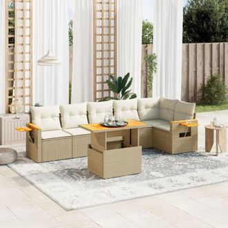 vidaXL Vidaxl - Set Sof&aacute;s De Jard&iacute;n 7 Piezas Y Cojines Rat&aacute;n Sint&eacute;tico Beige