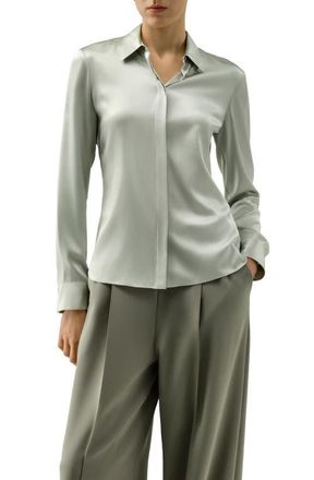 LilySilk Elegant Silk Slim Fit Shirt in Silver Sage at Nordstrom, Size X-Small