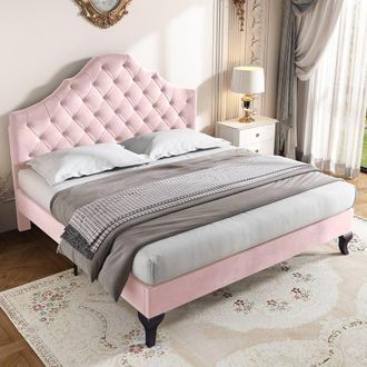 Merax 4ft6 Double Velvet Upholstered Bed Frame with Adjustable Headboard in Pink