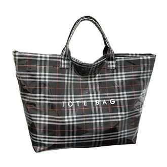 Generic Christmas Red Plaid PVC Tote Bag for Women - Large Vintage Letter Print Plastic Handbag with Top Handle, Spacious Shopping Work Gift (Black)