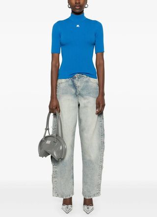 Courr&egrave;ges Reedition Embroidered Ribbed Knit Top In Blue