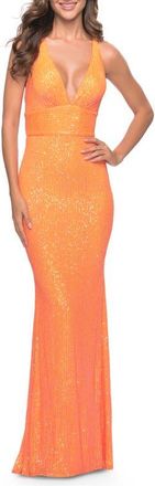 La Femme Sequin Stretch Long Prom Dress with Banded Waist in Neon in Orange at Nordstrom, Size 12