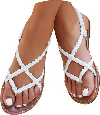 Generic Womens Braided Leather Flat Sandals Boho Chic Ankle Strap Sandals for Women Comfortable Bohemian Summer Shoes Breathable Dressy Beach Holiday Wedding 