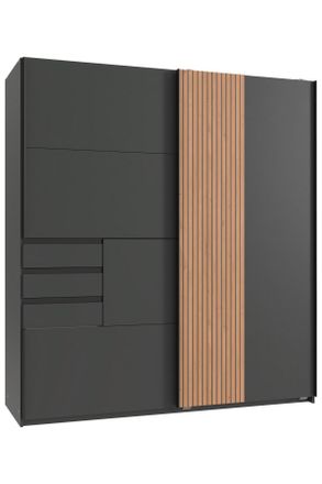 CARRYHOME Schwebetürenschrank, Graphitfarben, Eiche Artisan, Metall, 5 Fächer, 3 Schubladen, 180x198x65 cm, BQ - Bündnis für Qualität, Made in