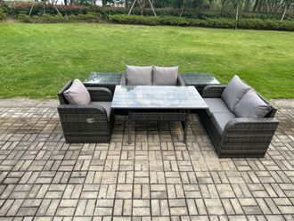Fimous Lounge Rattan Sofa Set Outdoor Garden Furniture Oblong Rectangular Dining Table With Chairs 2 Side Tables Dark Grey Mixed