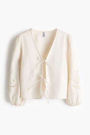 H&M Tie-detail Broderie Anglaise Jacket in Cream at Nordstrom, Size X-Large