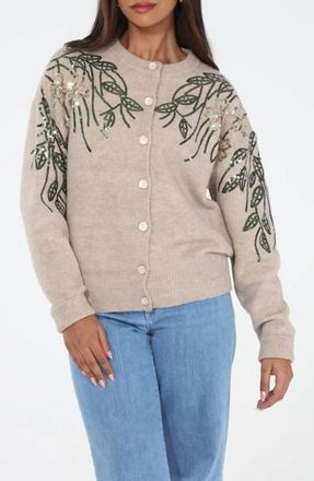 Rain + Rose Floral Sequin Cardigan In Tan