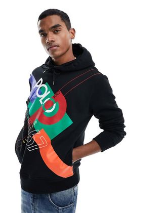 Polo Ralph Lauren Felpa nera color block con cappuccio e logo stampato-Nero