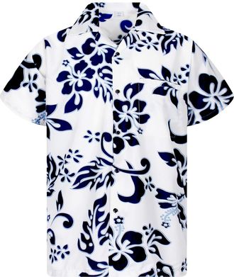 V.H.O. Funky Hawaiian Shirt, Shortsleeve, Hibiscus, White-Navy, 5XL