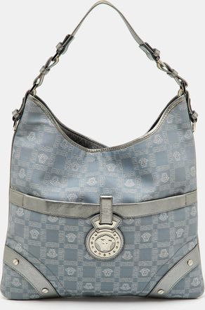 Versace Metallic Silver/grey Signature Canvas And Leather Medusa Trim Shoulder Bag