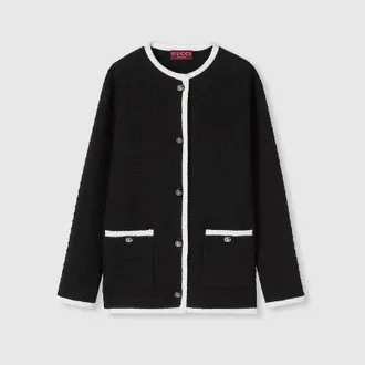 Gucci Tweed Wool Cardigan With Embroidery, Black, Ready-to-wear