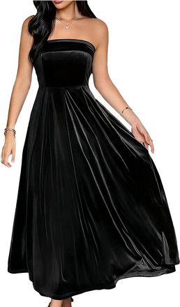 Generic Party Dresses for Women UK Strapless Sleeveless Luxury Velvet Dress Elegant Flowy A-Line Maxi Gown Womens Off Shoulder Formal Bridesmaids High Waist R